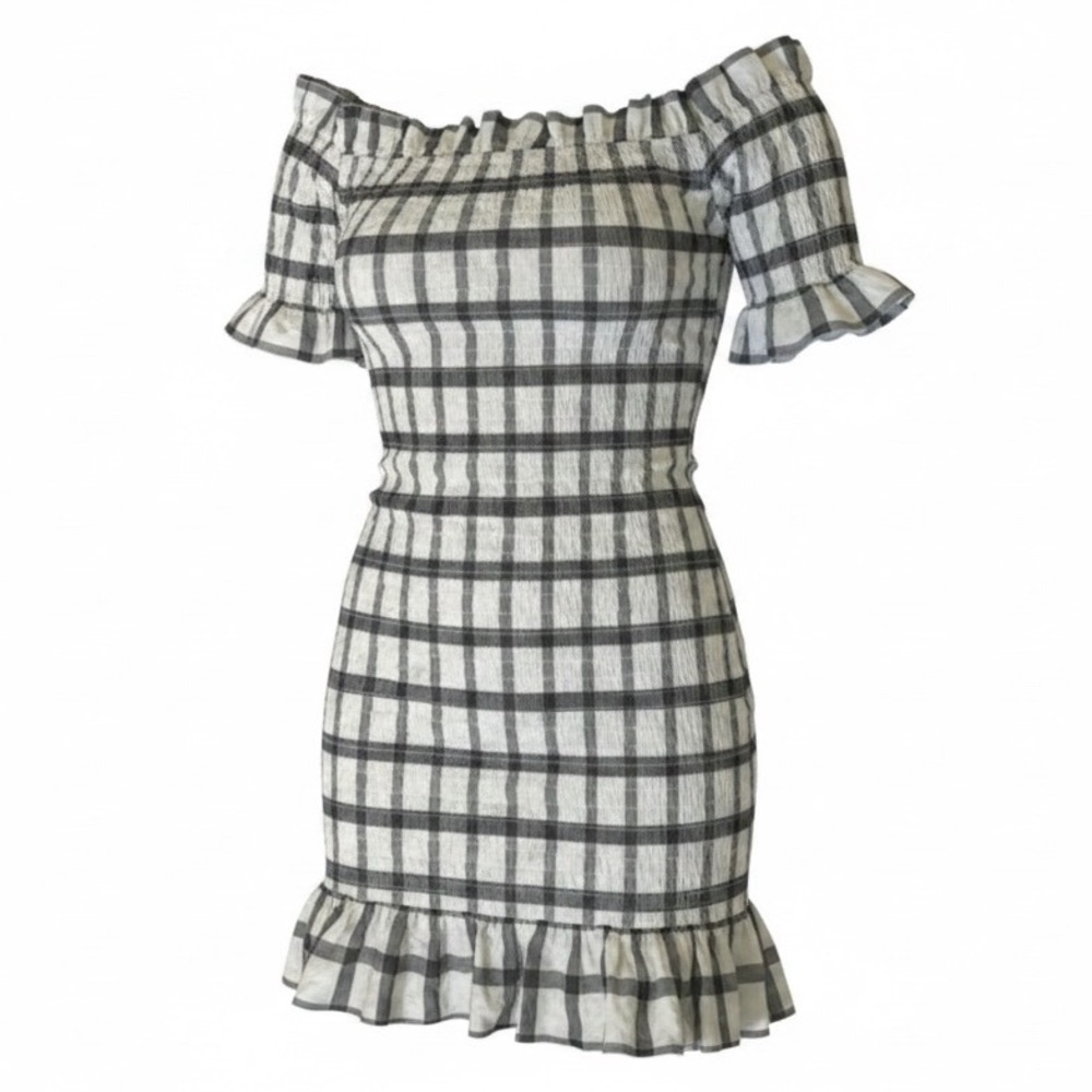 ASOS Smocked Plaid Off Shoulder Mini Dress Womens US 12 UK 16 Ruffle Hem NWT